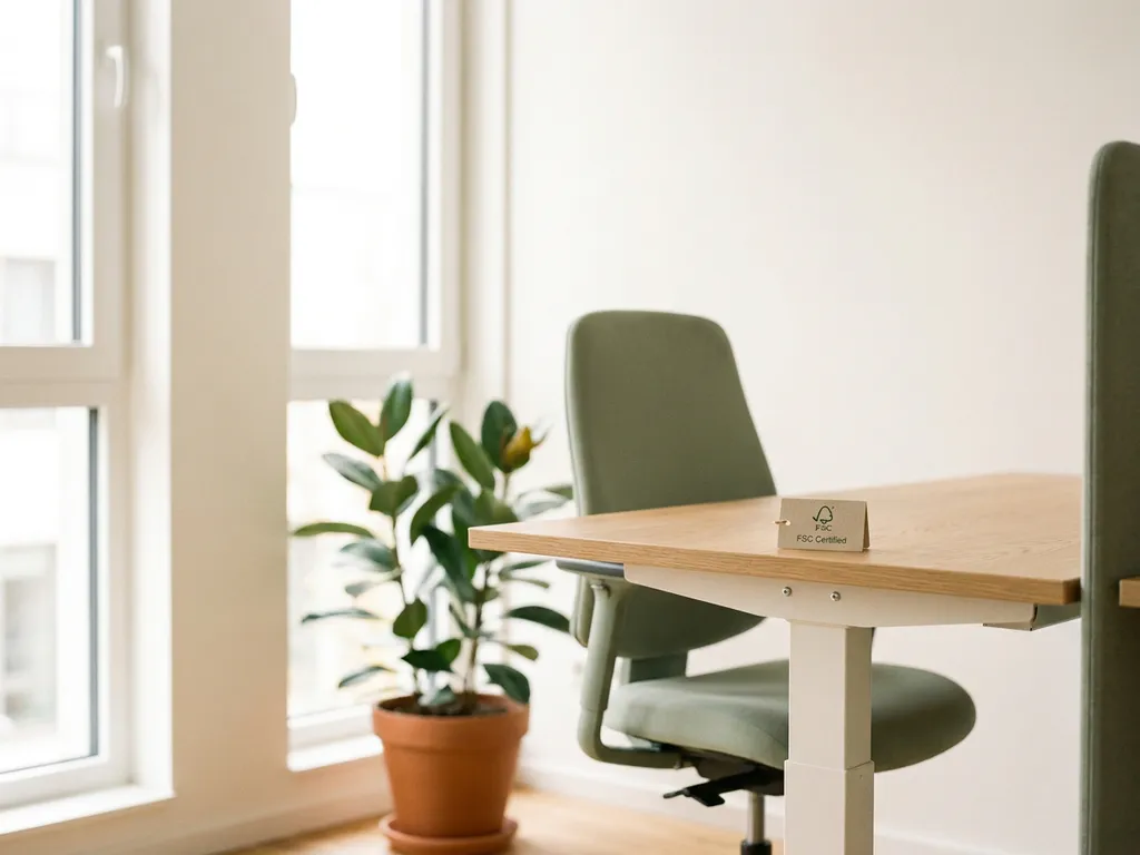 Minimalistische Nederlandse werkkamer met houten zit-sta bureau, salie-groene ergonomische stoel en FSC-gecertificeerd houten label in natuurlijk daglicht.