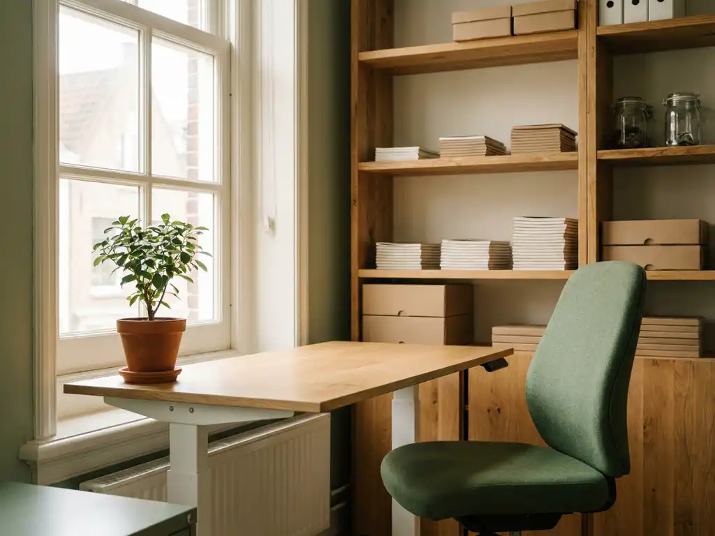 Zonlicht ergonomische werkplek met eiken zit-sta bureau, mosgroen bureaustoel en kamerplant, gerecyclede houten planken op achtergrond.