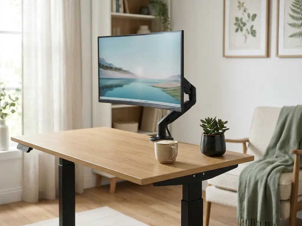 Ergonomisch zit-sta bureau met monitor, potplant en keramische mok in een Scandinavisch kantoor met lichte eiken oppervlakken en natuurlijk daglicht.