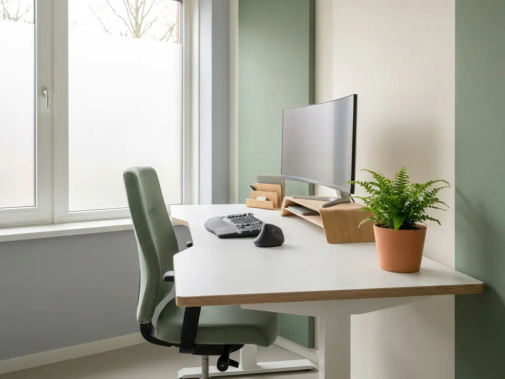 Ergonomische werkplek in Nederlandse zorginstelling met saliegroen bureaustoel, wit laminaat bureau en kleine kamerplant in natuurlijk daglicht.
