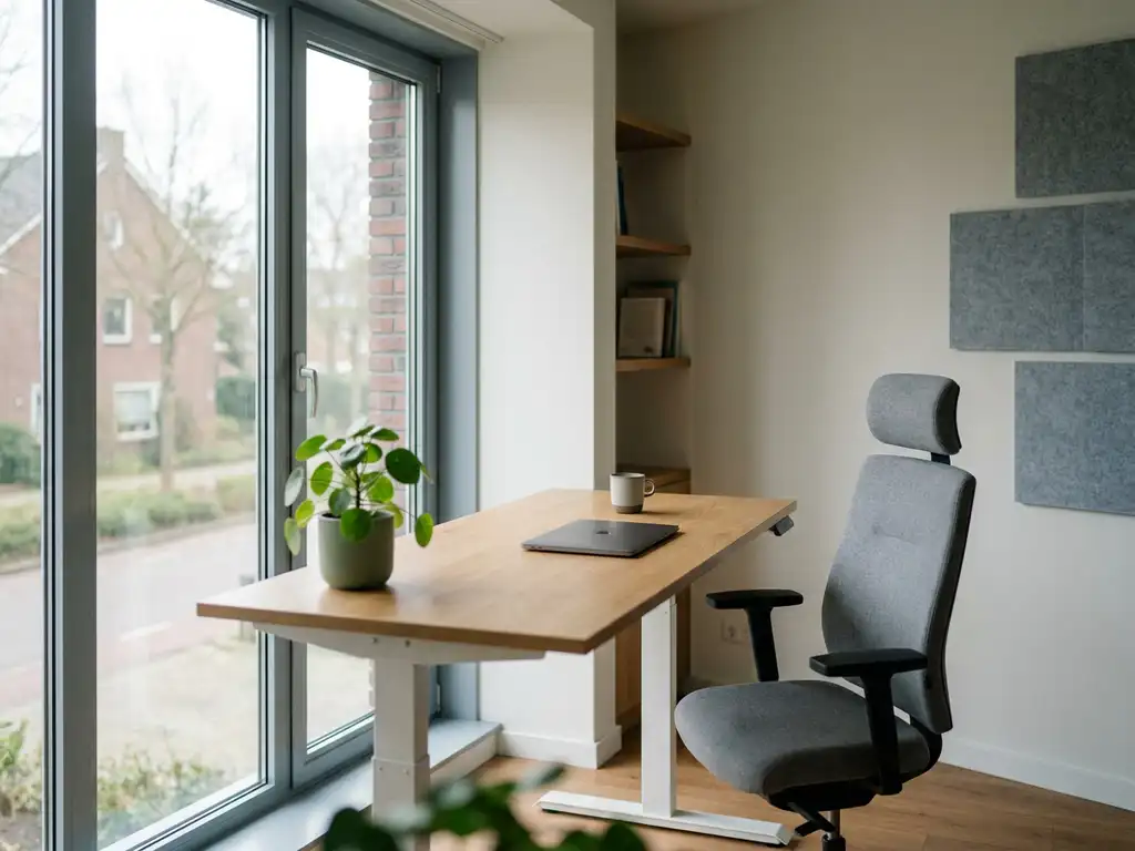 Ergonomische zit-sta bureau met eiken houttonen, potplant en natuurlijk daglicht via vloer-tot-plafond ramen in Nederlands kantoor.