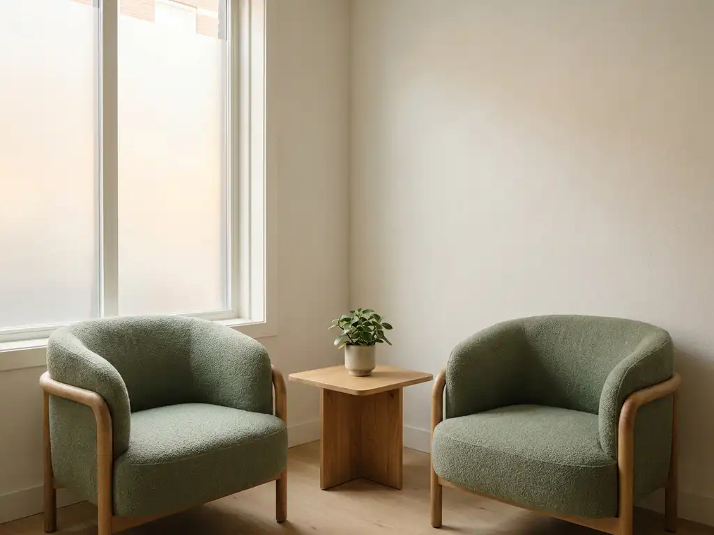 Moderne wachtkamer met twee saliegroen gestoffeerde stoelen, een houten bijzettafel met kamerplant en zacht natuurlijk licht.
