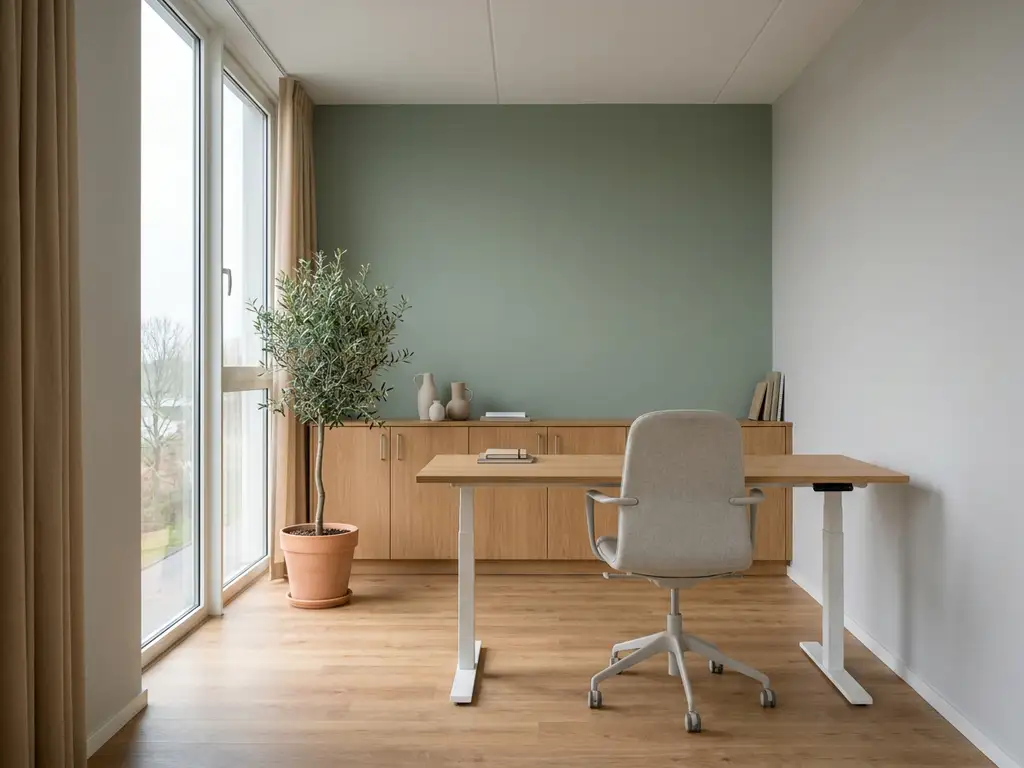 Moderne zorgsector werkplek met ergonomische bureaustoel, verstelbaar bureau van eikenhout en salie groene accentmuur in zacht daglicht.
