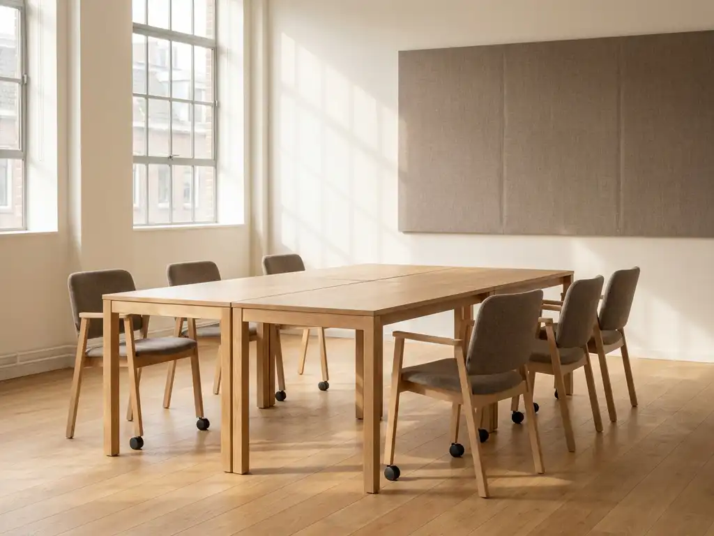 Modulaire vergadertafel met stoelen in licht Nederlands kantoor, grote ramen, eiken houten oppervlakken en akoestisch paneel op achtergrond.