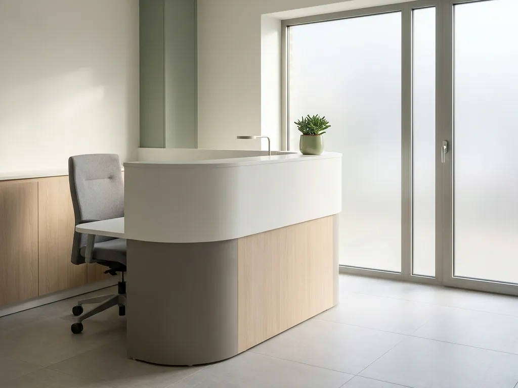 Moderne zorgbalie in wit en lichtgrijs met ergonomische stoel, potplant en matglazen raam dat zacht daglicht doorlaat.