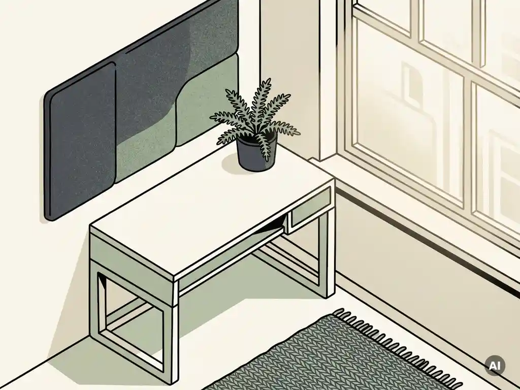 Sfeervol Nederlands thuiskantoor met saliegroen akoestisch paneel, minimalistisch bureau en kamerplant in warm natuurlijk licht.