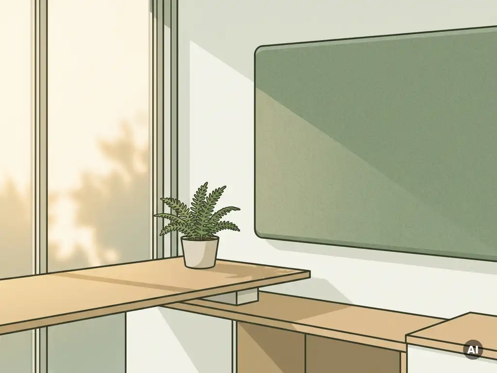 Rusthoek van een Nederlands kantoor met saliegroen akoestisch paneel, minimalistisch bureau en kamerplant in warm natuurlijk licht.
