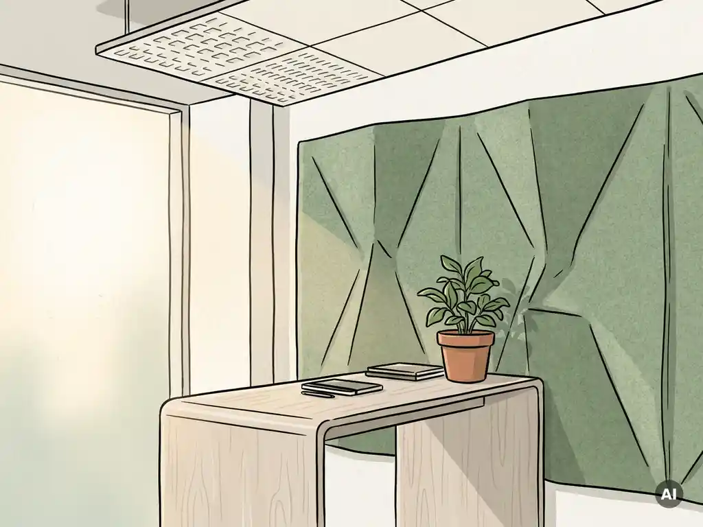 Akoestisch vilten wandpaneel in saliegroen in een rustige Nederlandse kantoorhoek met minimalistisch bureau en kamerplant.