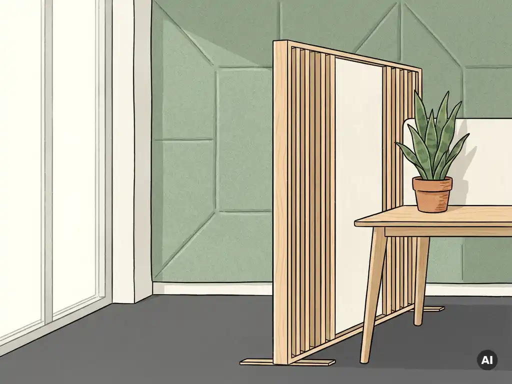 Rustige kantoorhoek met saliegroen akoestisch wandpaneel, vrijstaande roomdivider en lichthouten bureau naast een potplant.