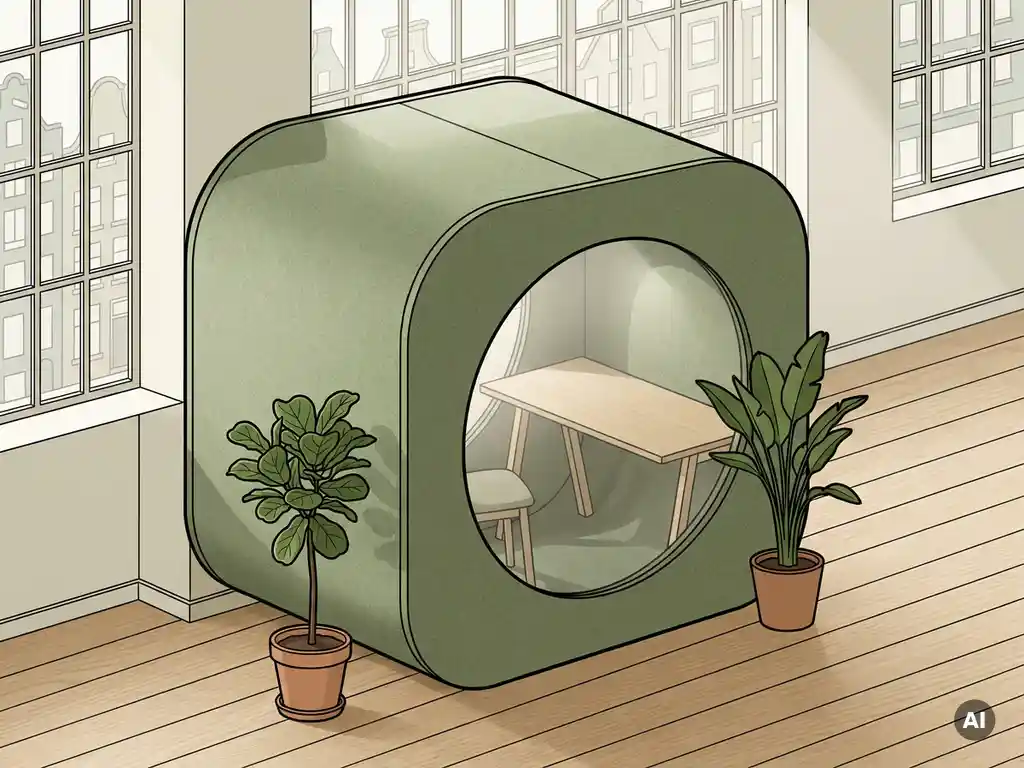 Akoestische privacypod met salie groene bekleding en minimalistisch bureau in een licht open kantoor met houten vloer.