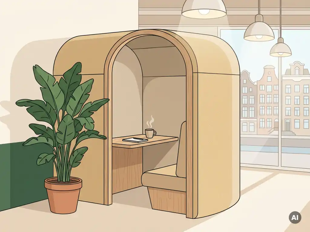 Akoestische privacypod in zandtinten met houten bureau en groene plant in licht Nederlands kantoor.