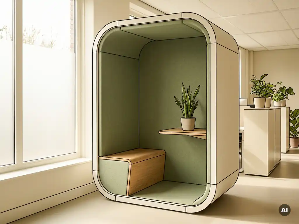 Akoestische privacypod met salie groene bekleding, houten plank met plant en Scandinavisch design in licht Nederlands kantoor.