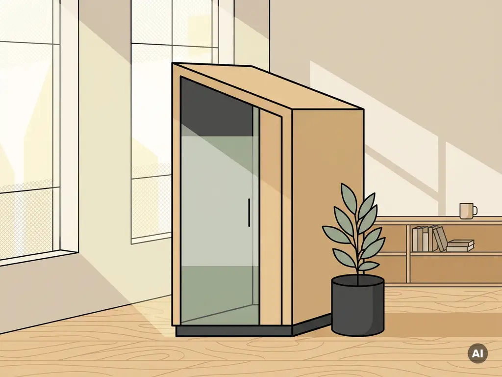 Akoestische telefooncel pod in een Nederlands kantoor met gefrost glas, zandtinten en salie groen, op licht eiken vloer.
