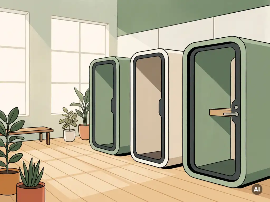 Drie akoestische telefoonbooths in een modern Nederlands kantoor met lichthouten vloer en salie groene tinten.