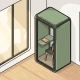 Akoestische telefooncel in een lichte, minimalistische Nederlandse kantoorhoek met eiken vloer en grote ramen.