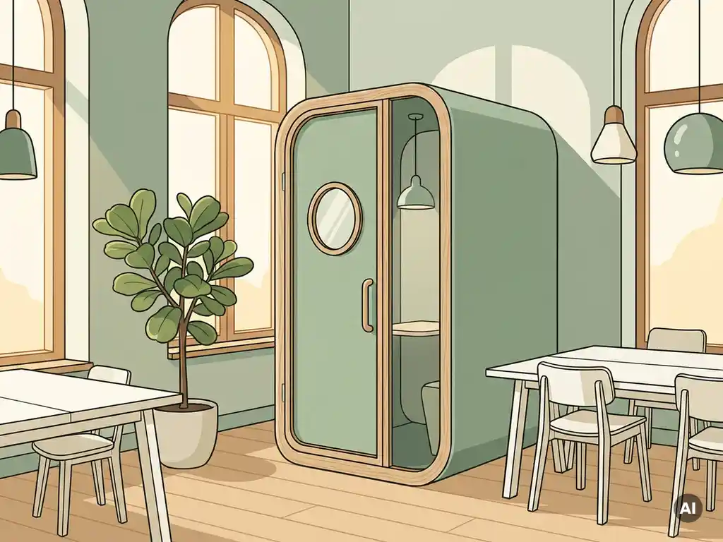 Akoestische telefooncel in lichte open kantoorruimte met Scandinavisch design, omringd door planten en houten accenten.