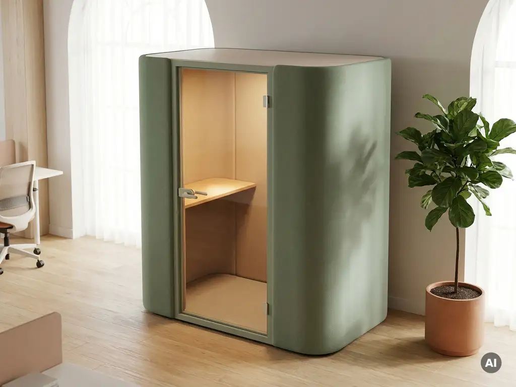 Akoestische telefooncel in modern open kantoor met zacht gestoffeerde wanden, ingebouwde plank en warme verlichting.