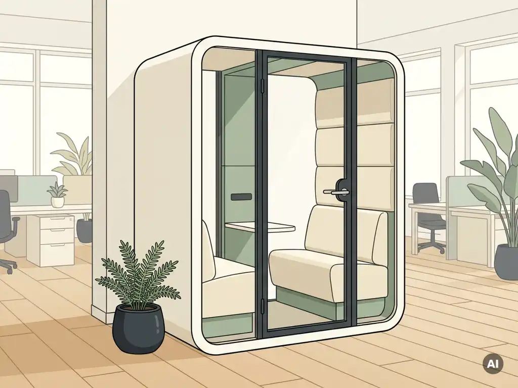 Akoestische telefooncabine in open kantoorruimte met glazen deur, gestoffeerd interieur en klein potplantje op licht eiken vloer.
