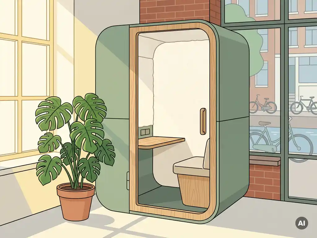 Akoestische telefooncel pod in licht Nederlands kantoor met houten bureau, groene plant en natuurlijk daglicht.