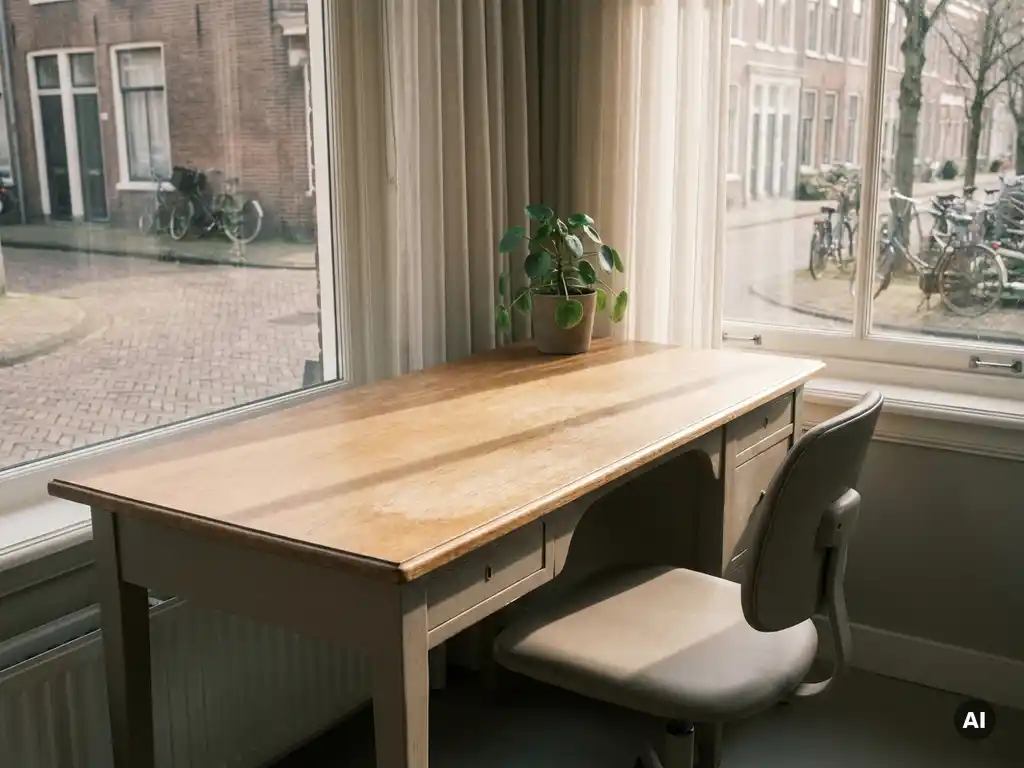 Ergonomisch thuiswerkbureau van eiken hout bij raam met uitzicht op Nederlandse straat, zachte daglichtsschaduwen en saliegroen potplantje.