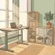 Lichte Nederlandse thuiswerkhoek met zit-sta bureau, modulaire kast en kamerplant op lichte eiken vloer.