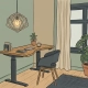 Ergonomische thuiswerkhoek met hoog-laag bureau, eiken blad, sculptuurlamp en weelderige kamerplant in salie- en zandtinten.