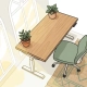 Luchtige Nederlandse kantoorhoek met een zit-sta bureau, ergonomische stoel, kamerplant en natuurlijk licht door grote ramen.