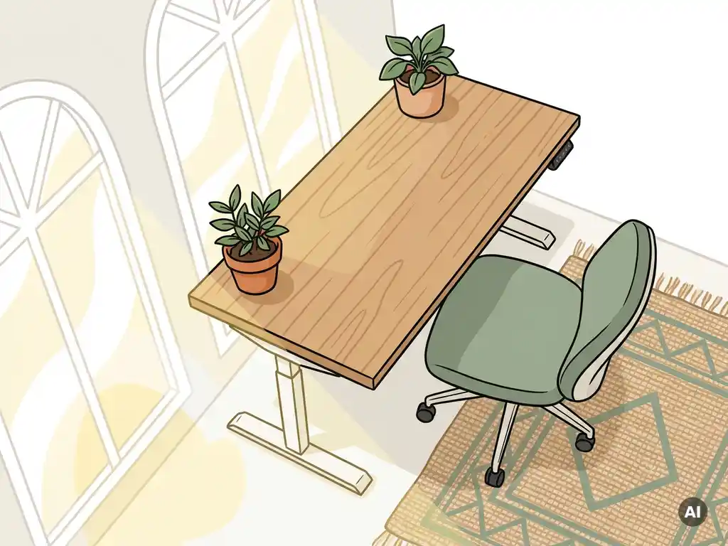 Luchtige Nederlandse kantoorhoek met een zit-sta bureau, ergonomische stoel, kamerplant en natuurlijk licht door grote ramen.