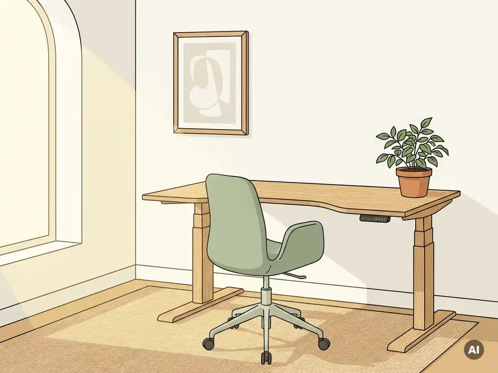 Ergonomisch zit-sta bureau met sculpturale bureaustoel en kamerplant in een lichte Nederlandse werkkamer met houten vloer.