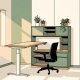 Modulaire thuiswerkhoek met zit-sta bureau, ergonomische stoel en compacte kast in salie groen en warm hout.