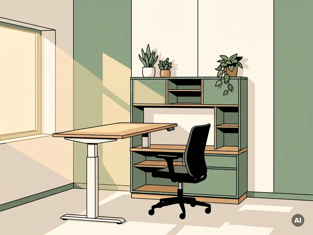 Modulaire thuiswerkhoek met zit-sta bureau, ergonomische stoel en compacte kast in salie groen en warm hout.