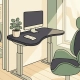Verstelbaar zit-sta bureau met potplant en ontvangstbewijs naast ergonomische stoel in lichte Nederlandse kantoorhoek.