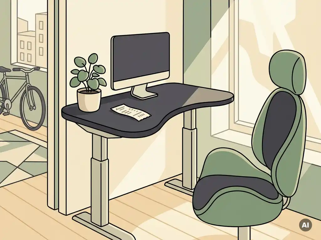 Verstelbaar zit-sta bureau met potplant en ontvangstbewijs naast ergonomische stoel in lichte Nederlandse kantoorhoek.
