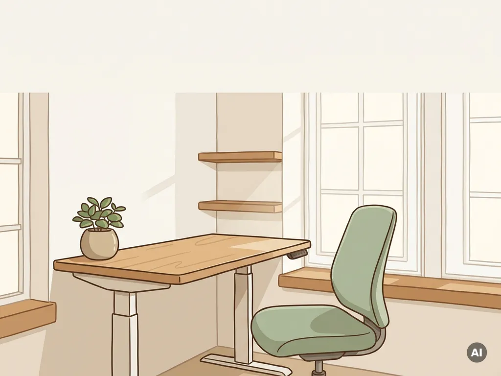 Ergonomische bureaustoel naast een zit-sta bureau in een rustig Nederlands kantoor met natuurlijk licht en een kleine kamerplant.