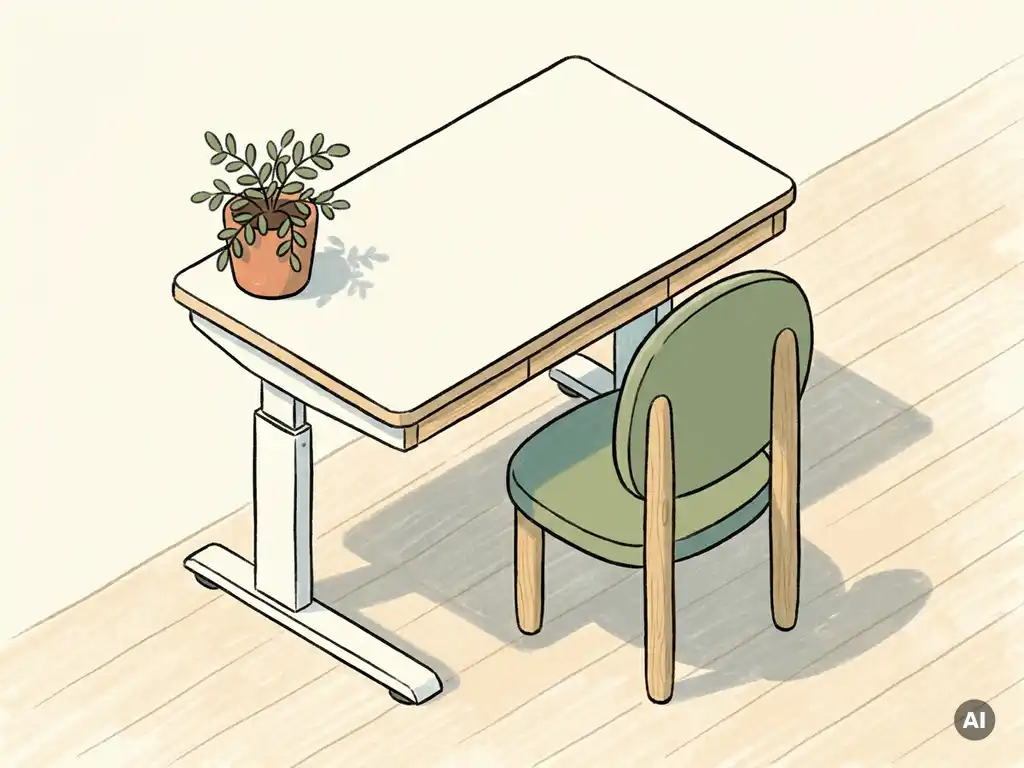 Hoogteverstelbuur bureau met ergonomische stoel, kamerplant en natuurlijk licht in een minimalistische Nederlandse werkkamer.