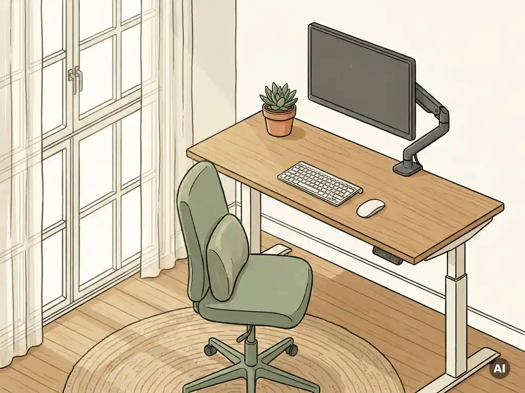 Ergonomische thuiswerkplek met zit-sta bureau, monitorarm, stoel met lendensteun en potplant in natuurlijk daglicht.
