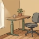 Ergonomisch zit-sta bureau met taakstoel en kamerplant in een rustig, licht Nederlands kantoor.