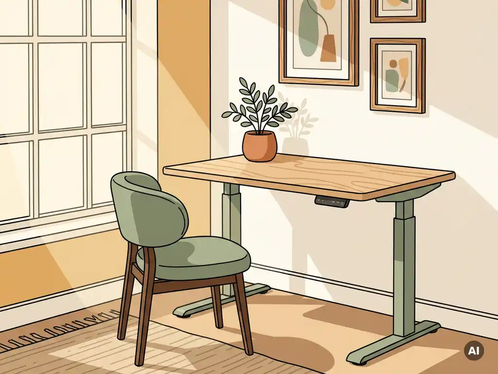 Zonverlichte kantoorhoek met een zit-sta bureau, ergonomische stoel en kamerplant in warme groene en houten tinten.