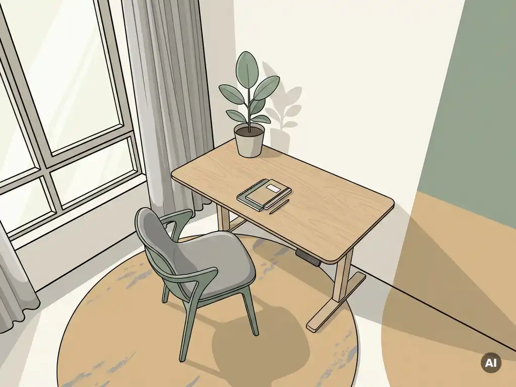 Minimalistische zit-sta bureau hoek met ergonomische stoel, potplant en natuurlijk licht in een stijlvol Nederlands kantoor.
