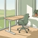 Ergonomische zit-sta bureau bij raam met uitzicht op polderland, potplant op vensterbank, eiken vloer in warm daglicht.