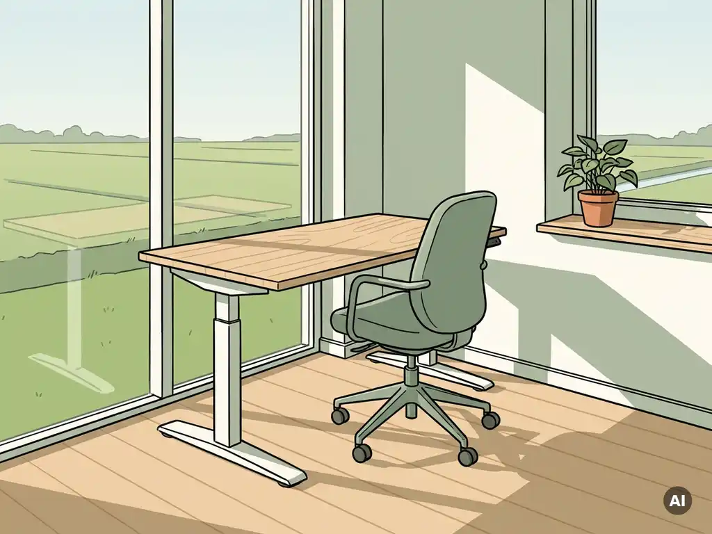 Ergonomische zit-sta bureau bij raam met uitzicht op polderland, potplant op vensterbank, eiken vloer in warm daglicht.