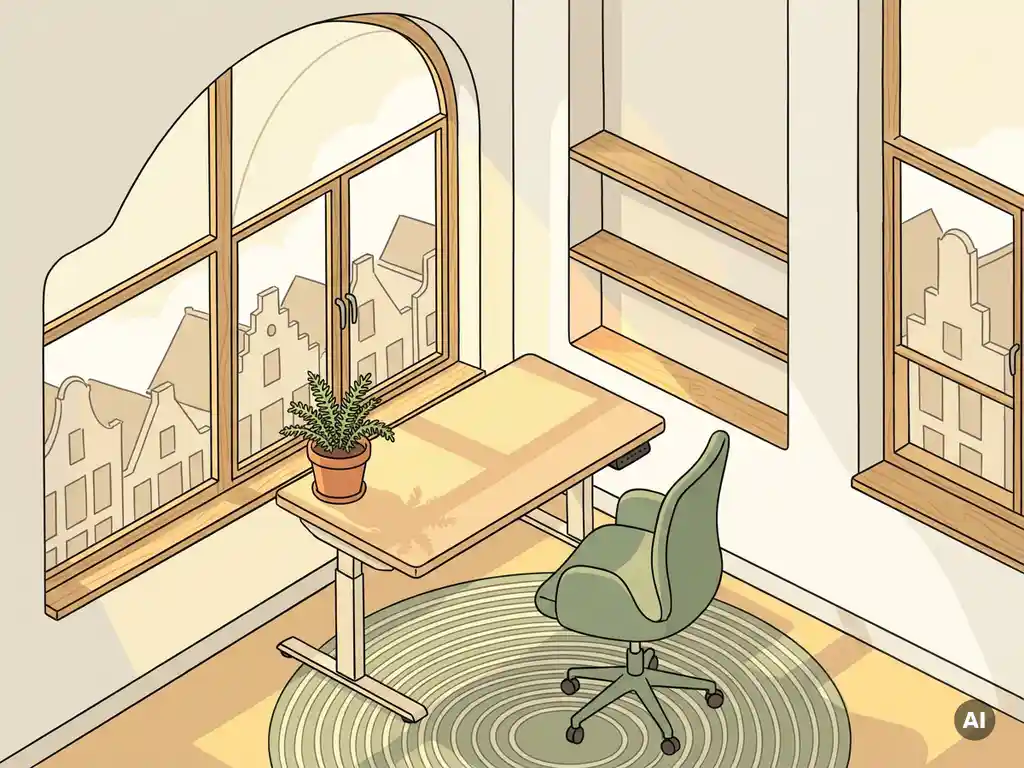 Zonnige Nederlandse thuiswerkhoek met een zit-sta bureau, ergonomische stoel en potplant in salie groen en hout tinten.