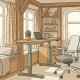 Ergonomische thuiswerkplek met zit-sta bureau, stoel en kamerplant in warm houten interieur met natuurlijk licht.