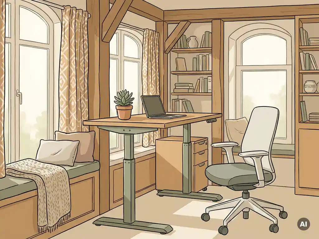 Ergonomische thuiswerkplek met zit-sta bureau, stoel en kamerplant in warm houten interieur met natuurlijk licht.