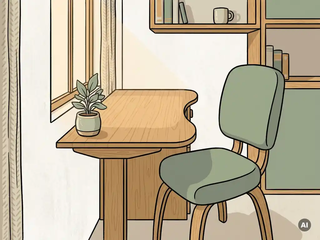 Compacte Nederlandse thuiswerkhoek met houten zit-sta bureau, ergonomische stoel en klein potplantje in warm natuurlijk licht.