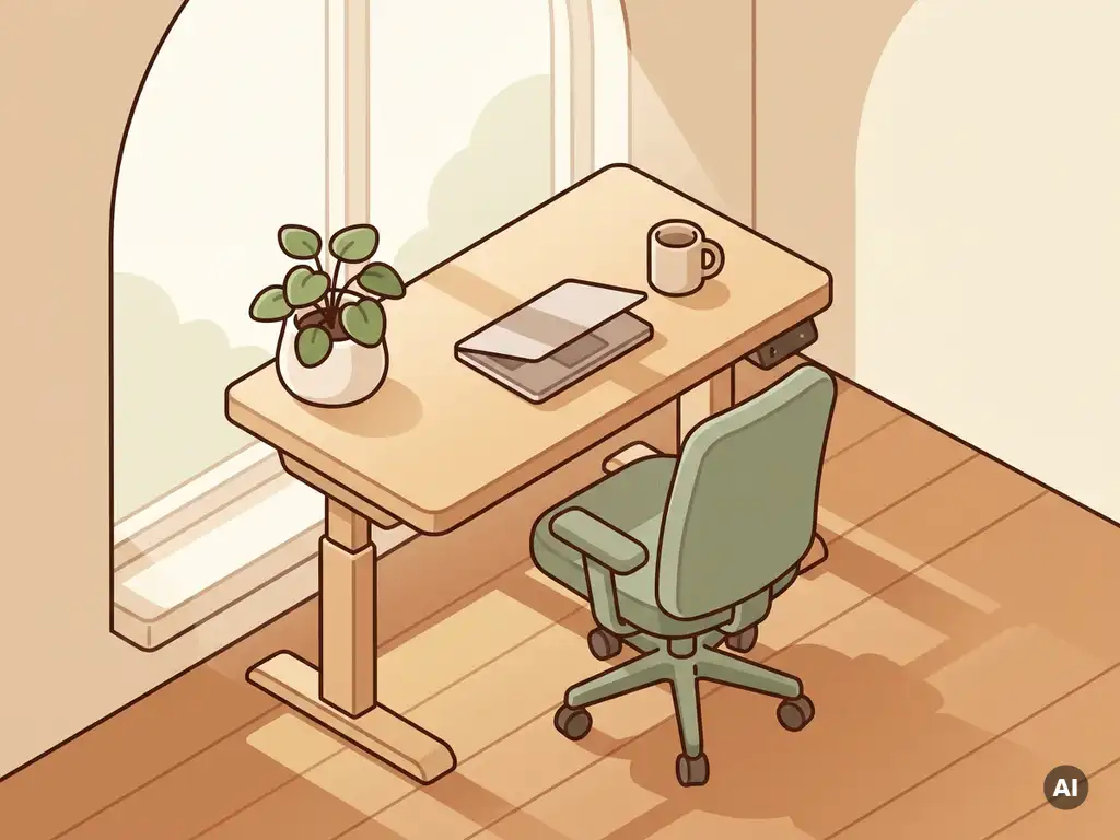 Ergonomische zit-sta bureau met stoel en kamerplant in licht Nederlandstalig thuiskantoor met houten vloer.