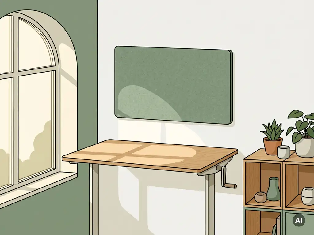 Zit-sta bureau van licht eiken bij een groot raam met saliegroen akoestisch paneel en modulaire kast in rustig kantoorhoekje.