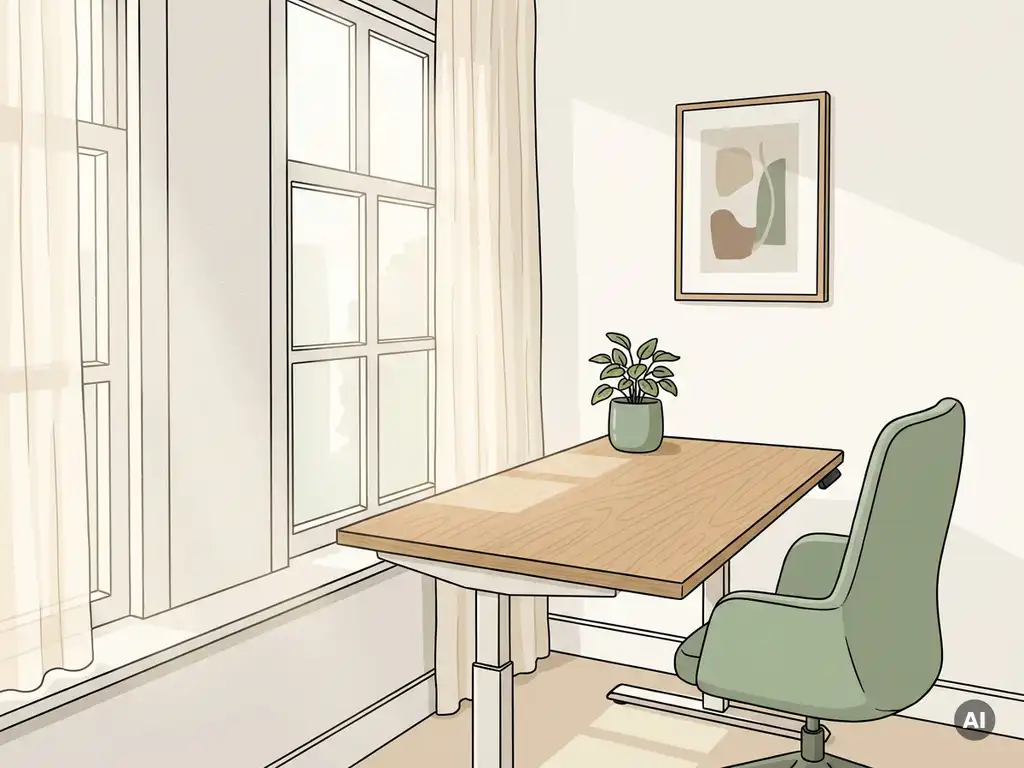 Lichte Nederlandse kantoorhoek met zit-sta bureau, ergonomische stoel en kamerplant op eiken werkblad in warm natuurlijk daglicht.