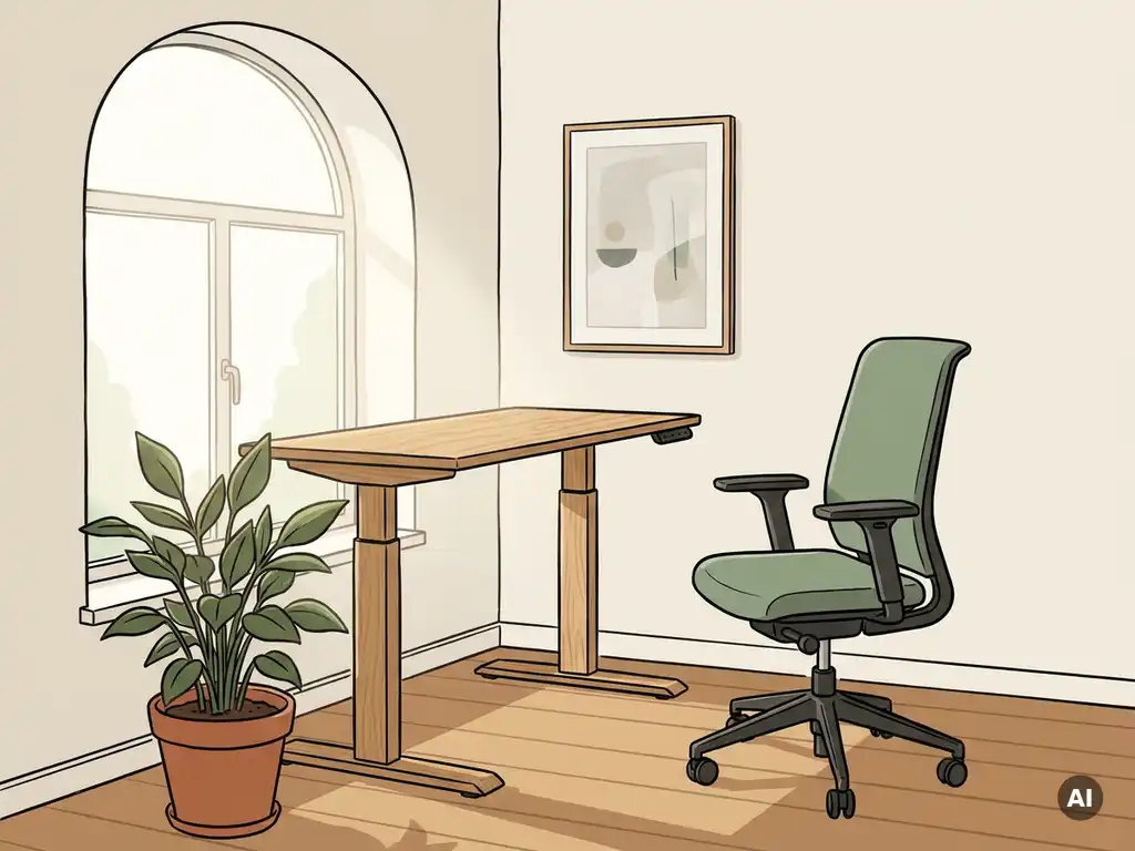 Ergonomische zit-sta bureau in zonnige Nederlandse thuiskantoorhoek met verstelbare stoel, kamerplant en houten vloer.