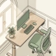 Ergonomische zit-sta bureau met stoel en kamerplant in licht Nederlands kantoor met natuurlijke daglichttoetreding.